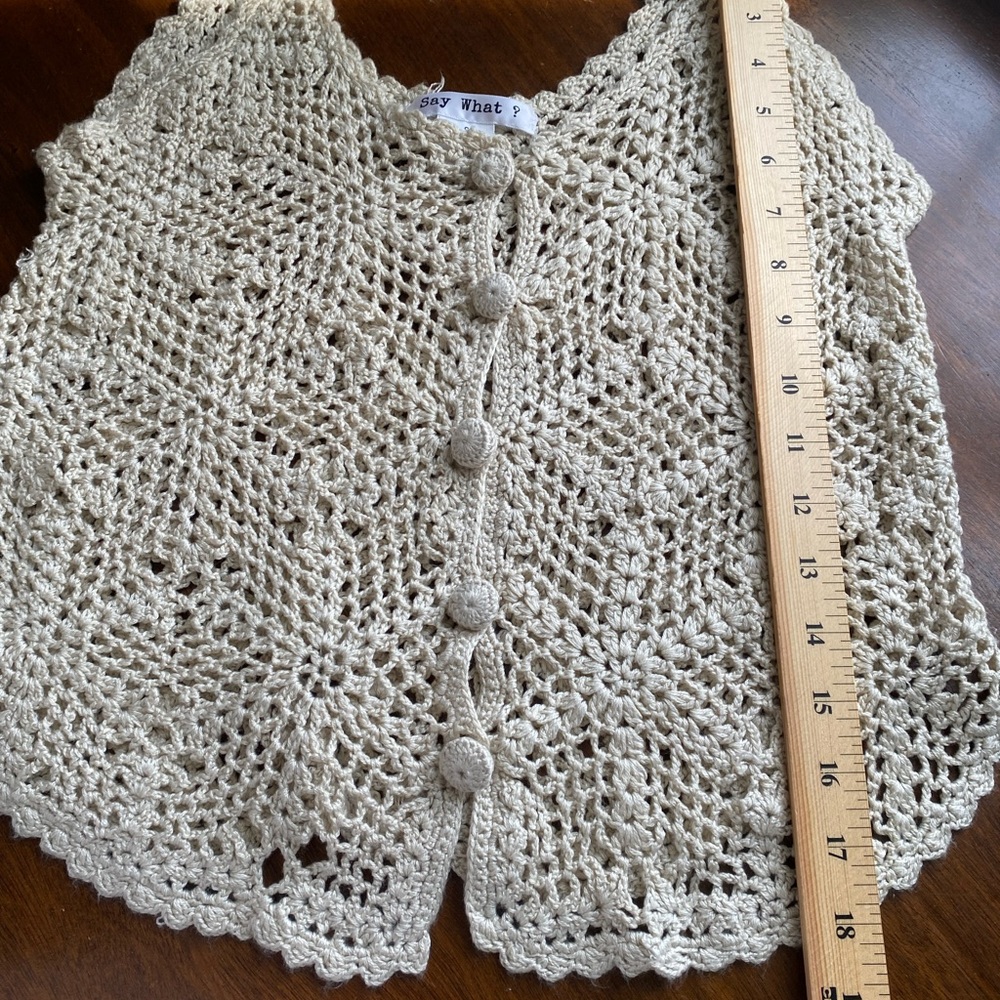 Say What? Crocheted Cream/Tan/Off-White Cropped Top; Size:Small - Picture 5 of 9
